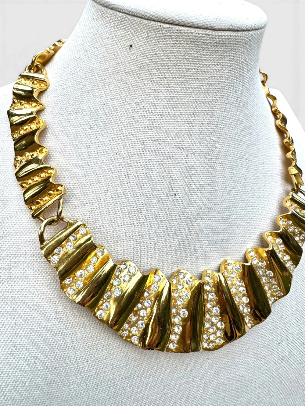 GIVENCHY Vintage Gold-tone Crystal Rhinestone Ripple Texture Statement Necklace